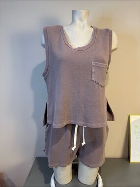 Together Sleeveless Thermal Tank & Drawstring Shorts Set in Mauve, mismatch size